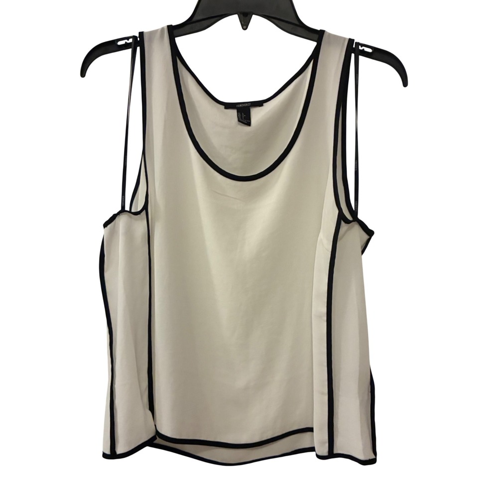 Forever 21 White Tank Top Black Trim Sleeveless Blouse Women's Large Polyester